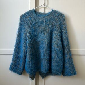 Unique Blue & Yellow Fuzzy Crewneck Knit Sweater - M